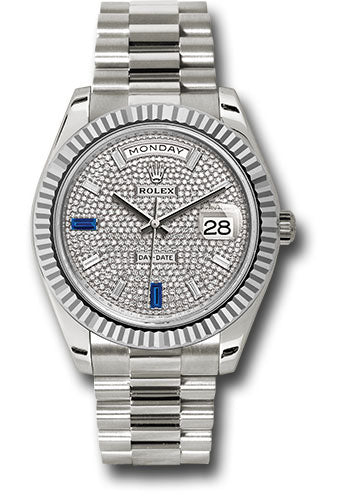 Rolex White Gold Day Date 40 Watch Fluted Bezel Diamond Paved