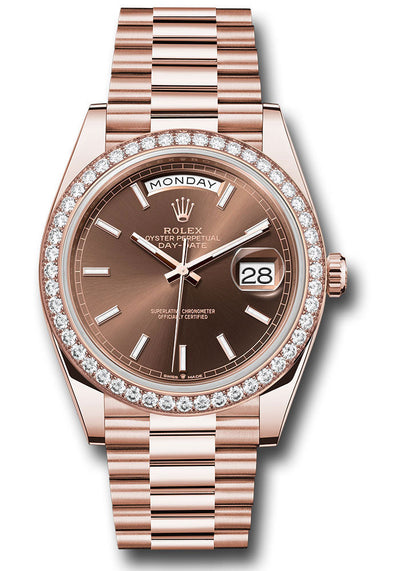 Rolex Everose Gold Day-Date 40 Watch - Diamond Bezel - Chocolate Index Dial - President Bracelet - 228345rbr choip