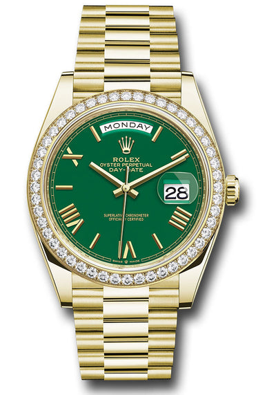 Rolex Yellow Gold Day-Date 40 Watch - Diamond Bezel - Green Roman Dial - President Bracelet - 228348rbr grrp