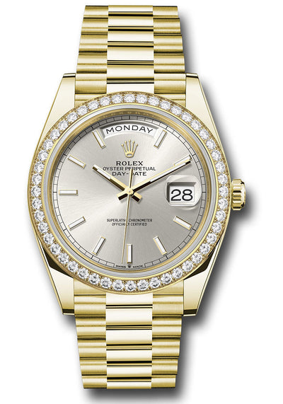 Rolex Yellow Gold Day-Date 40 Watch - Diamond Bezel - Silver Index Dial - President Bracelet - 228348rbr sip