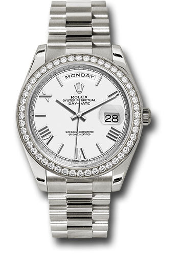 Rolex White Gold Day-Date 40 Watch - Bezel - White Bevelled Roman Dial - President Bracelet - 228349RBR wrp