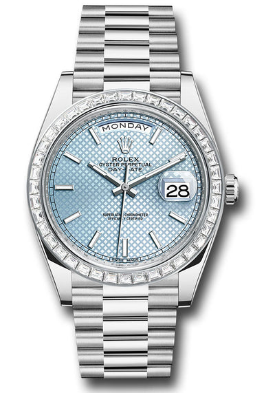 Rolex 950 Platinum Day-Date 40 Watch - Baguette Diamond Bezel - Ice Blue Diagonal Motif Index Dial - President Bracelet - 228396TBR ibdmip
