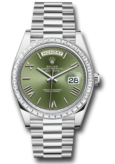 Rolex 950 Platinum Day-Date 40 Watch - Baguette Diamond Bezel - Olive Green Bevelled Roman Dial - President Bracelet - 228396TBR ogrp