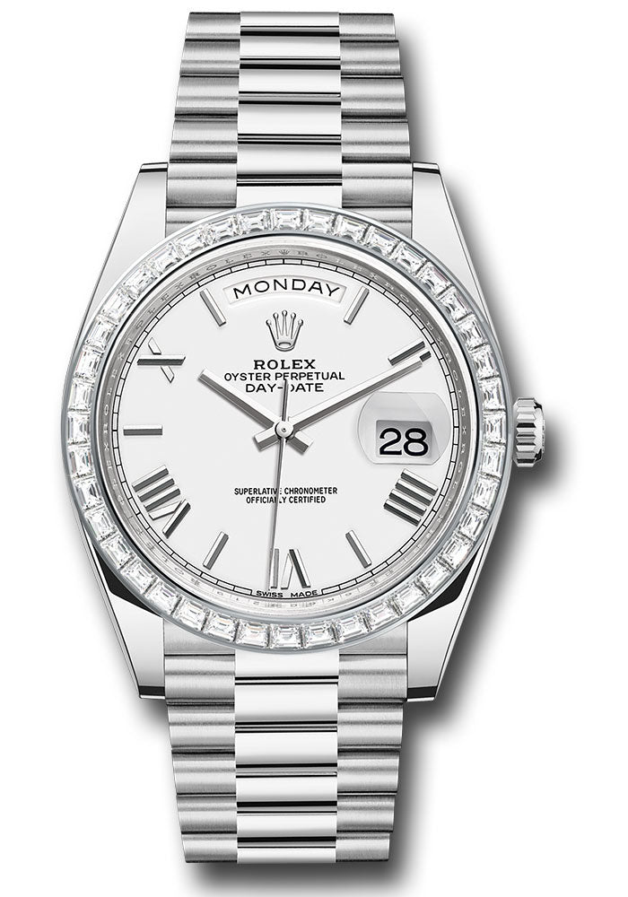 Rolex 950 Platinum Day-Date 40 Watch Baguette Diamond Bezel
