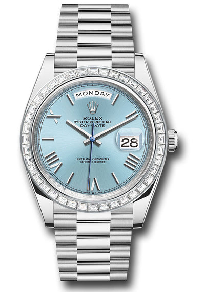 Rolex Platinum Day-Date 40 Watch - Baguette Diamond Bezel - Ice Blue Roman Dial - President Bracelet - 228396tbr ibrp
