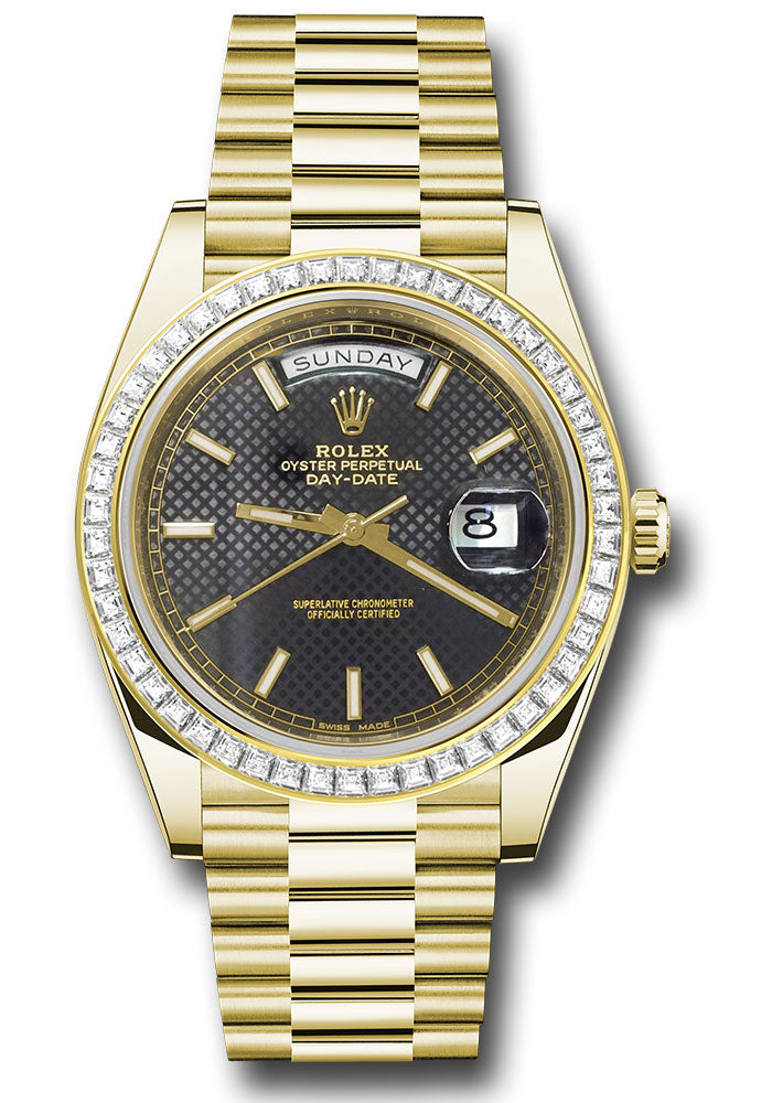 Rolex Yellow Gold Day-Date 40 Watch - Baguette Diamond Bezel - Black Diagonal Motif Index Dial - President Bracelet - 228398TBR bkdmip
