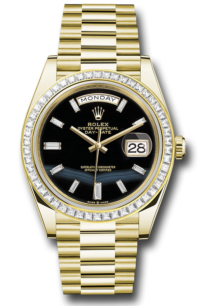 Rolex Yellow Gold Day-Date 40 Watch - Baguette Diamond Bezel - Onyx Dial - President Bracelet - 228398tbr onbdp