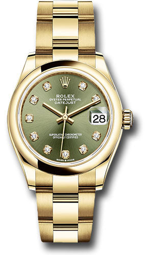 Rolex Yellow Gold Datejust 31 Watch Domed Bezel Olive Green Diamond Dial Oyster Bracelet 278248 ogdo