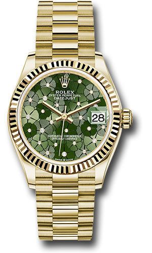 Rolex Yellow Gold Datejust 31 Watch - Fluted Bezel - Olive Green Floral Motif Diamond 6 Dial - President Bracelet - 278278 ogflomdp