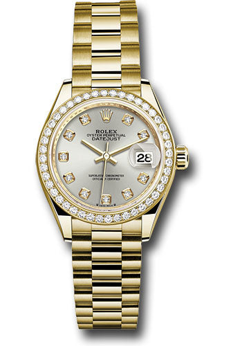 Rolex Yellow Gold Lady-Datejust Watch - 44 Diamond Bezel - Silver Diamond Dial - President Bracelet - 279138rbr sdp