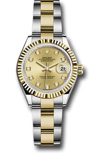 Rolex Steel and Yellow Gold Rolesor Lady-Datejust 28 Watch - Fluted Bezel - Champagne Diamond Dial - Oyster Bracelet - 279173 chdo