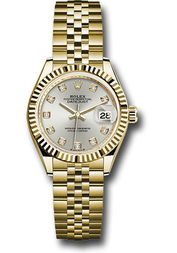 Rolex Yellow Gold Lady-Datejust Watch - Fluted Bezel - Silver Diamond Dial - Jubilee Bracelet - 279178 sdj