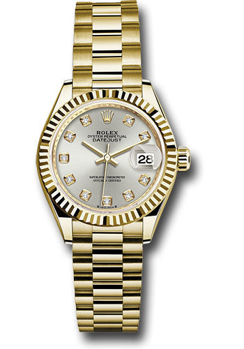 Rolex Yellow Gold Lady-Datejust Watch - Fluted Bezel - Silver Diamond Dial - President Bracelet - 279178 sdp