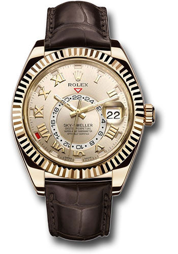 Rolex Yellow Gold Sky-Dweller Watch - Silver Sunray Roman Dial - Brown Leather Strap - 326138 s
