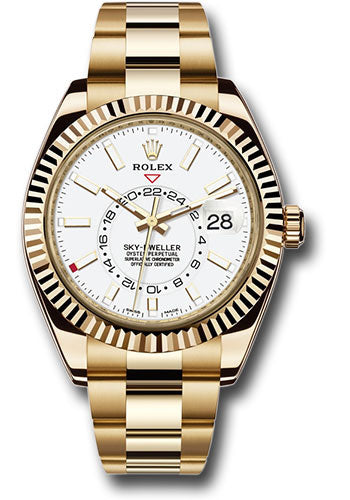 Rolex Yellow Gold Sky Dweller Watch White Index Dial Oyster Bracel G Luxe Jewelers