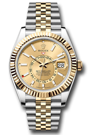 Rolex Yellow Rolesor Sky-Dweller Watch - Fluted Ring Command Bezel - Champagne Index Dial - Jubilee Bracelet - 336933 chij