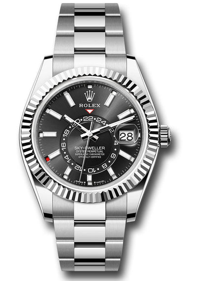 Rolex White Rolesor Sky-Dweller Watch - Fluted Ring Command Bezel - Black Index Dial - Oyster Bracelet - 336934 bkio
