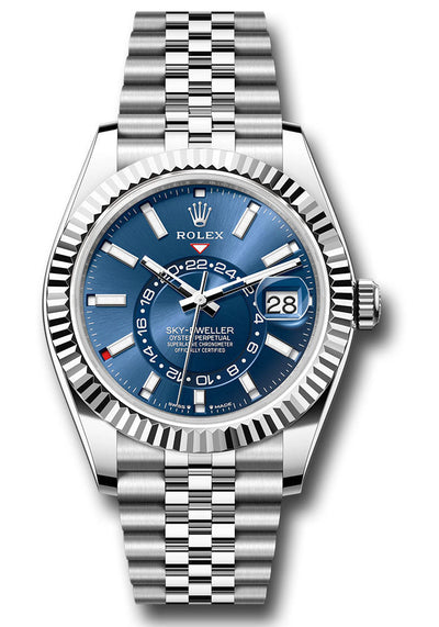 Rolex White Rolesor Sky-Dweller Watch - Fluted Ring Command Bezel - Blue Index Dial - Jubilee Bracelet - 336934 blij