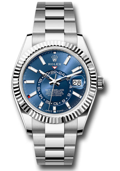 Rolex White Rolesor Sky-Dweller Watch - Fluted Ring Command Bezel - Blue Index Dial - Oyster Bracelet - 336934 blio