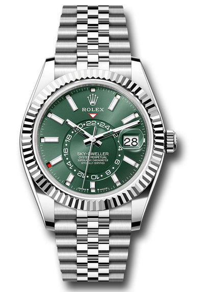 Rolex White Rolesor Sky-Dweller Watch - Fluted Ring Command Bezel - Mint Green Index Dial - Jubilee Bracelet - 336934 mgij