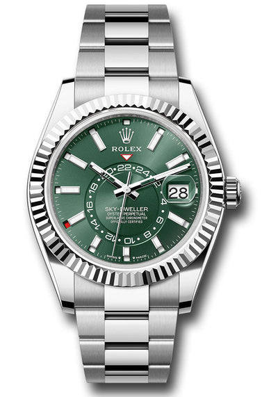 Rolex White Rolesor Sky-Dweller Watch - Fluted Ring Command Bezel - Mint Green Index Dial - Oyster Bracelet - 336934 mgio