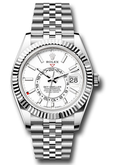 Rolex White Rolesor Sky-Dweller Watch - Fluted Ring Command Bezel - White Index Dial - Jubilee Bracelet - 336934 wij