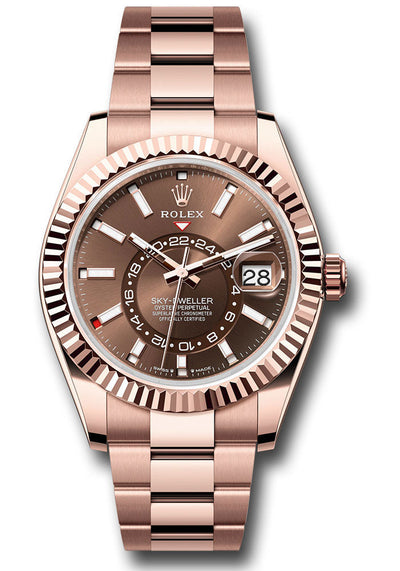 Rolex Everose Gold Sky-Dweller Watch - Fluted Ring Command Bezel - Chocolate Index Dial - Oyster Bracelet - 336935 chio