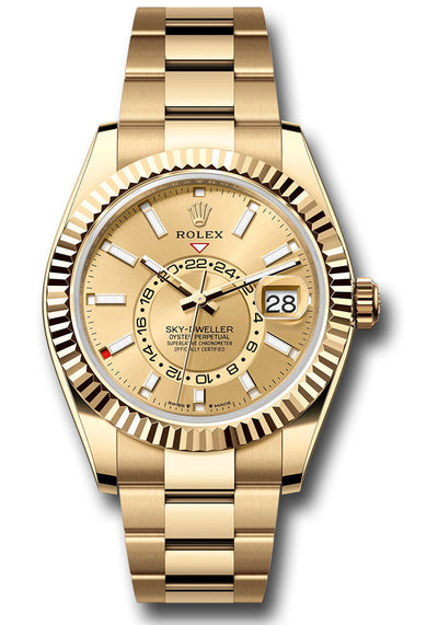 Rolex Yellow Gold Sky-Dweller Watch - Fluted Ring Command Bezel - Champagne Index Dial - Oyster Bracelet - 336938 chio