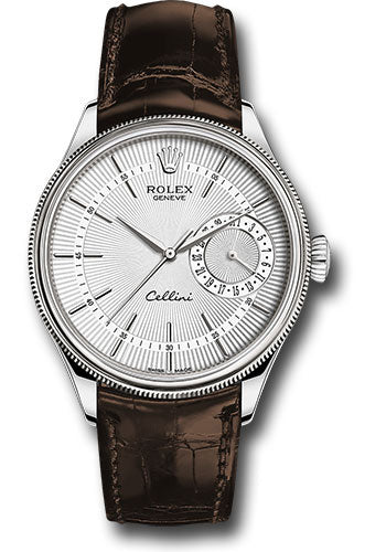 Rolex Cellini Date Watch - White Gold - Silver Dial - Brown Leather Strap - 50519 sbr