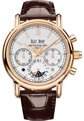 Patek Philippe Grand Complications Split Seconds Chronograph Pertetual Calendar Watch - 40.2mm Rose Gold Case - Silver Dial - Chocolate Strap - 5204R-001