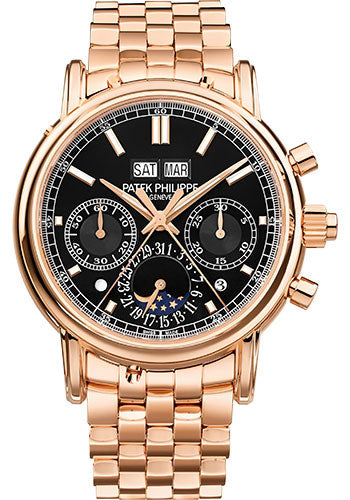 Patek Philippe Grand Complications Split Seconds Chronograph Pertetual Calendar Watch - 40.2mm Rose Gold Case - Black Dial - Rose Gold Bracelet - 5204/1R-001