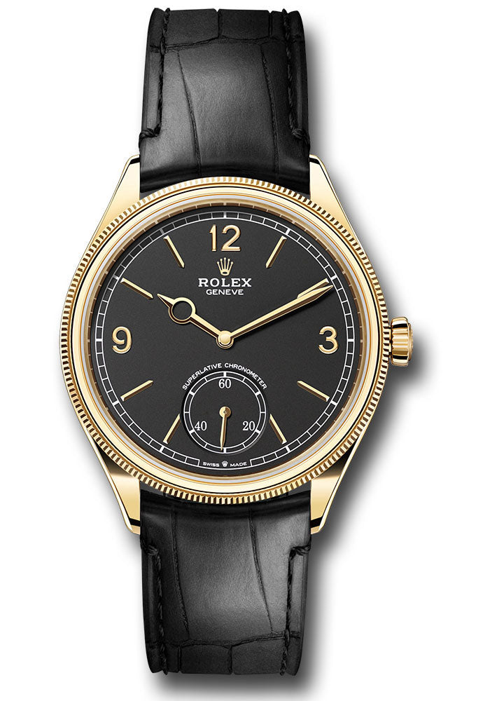 Rolex Yellow Gold 1908 Watch Domed And Fluted Bezel Black Index Arabic Dial Alligator Leather Strap 52508 bkbk