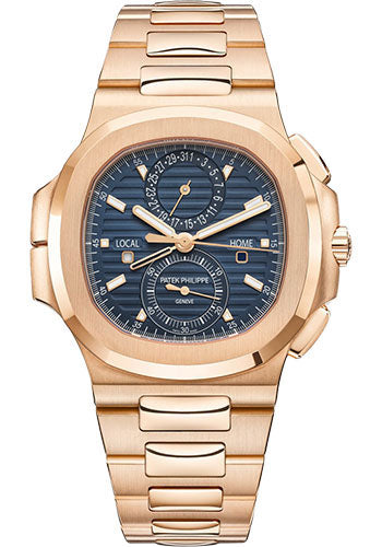 Patek Philippe Nautilus Self Winding Travel Time Chronograph 40.5 mm Rose Gold Case Blue Dial Rose Gold Bracelet 5990 1R 001