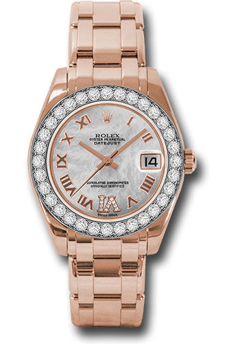 Rolex Everose Gold Datejust Pearlmaster 34 Watch - 32 Diamond Bezel - White Mother-Of-Pearl Roman Dial - 81285 mdrp