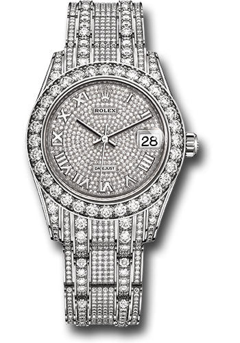 Rolex White Gold Pearlmaster 34 Watch - Diamond Lugs - Diamond Bezel - Diamond-Paved Roman Dial - Diamond Pearlmaster Bracelet - 81409rbr dprdp