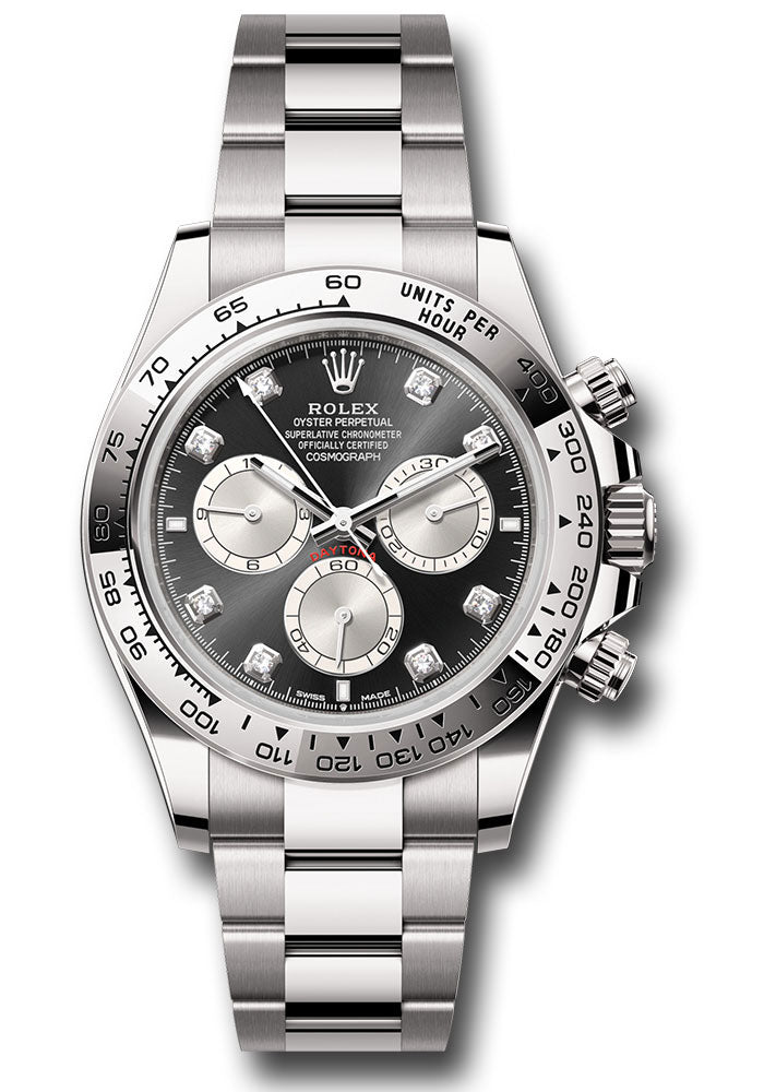 Rolex White Gold Cosmograph Daytona Watch - Fixed Bezel - Black And Steel Diamond Dial - Oyster Bracelet 126509