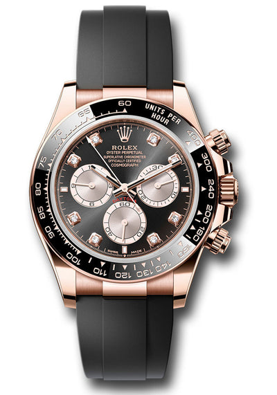 Rolex Everose Gold Cosmograph Daytona Watch - Black Cerachrom Bezel - Black And Sundust Diamond Dial - Oysterflex Strap 126515LN