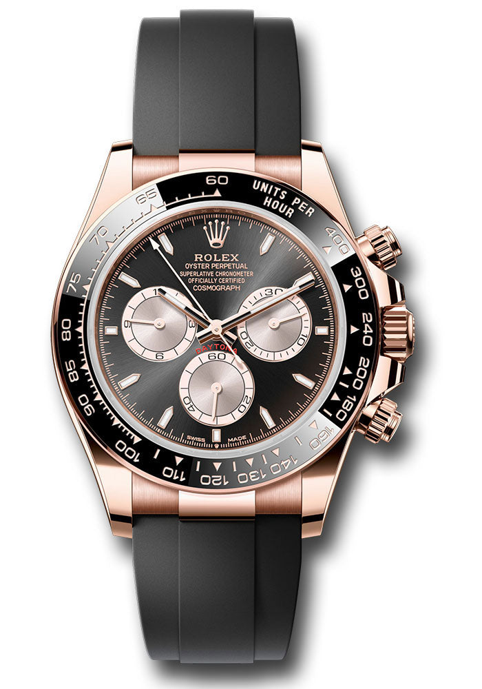 Rolex Everose Gold Cosmograph Daytona Watch - Black Cerachrom Bezel - Black And Sundust Index Dial - Oysterflex Strap 126515LN