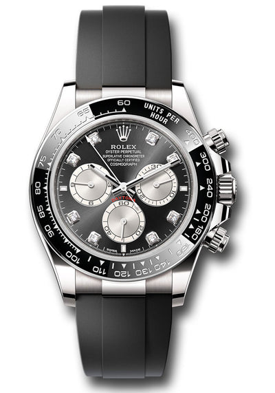 Rolex White Gold Cosmograph Daytona Watch - Black Cerachrom Bezel - Black And Steel Diamond Dial - Oysterflex Strap 126519LN