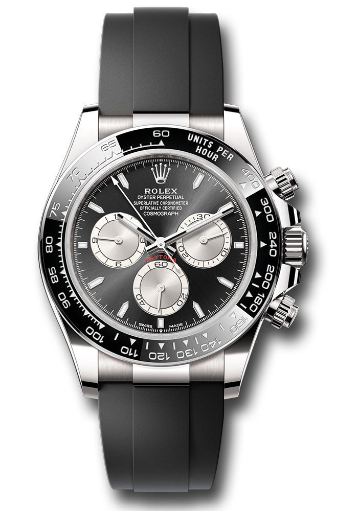 Rolex White Gold Cosmograph Daytona Watch - Black Cerachrom Bezel - Black And Steel Index Dial - Oysterflex Strap 126519LN