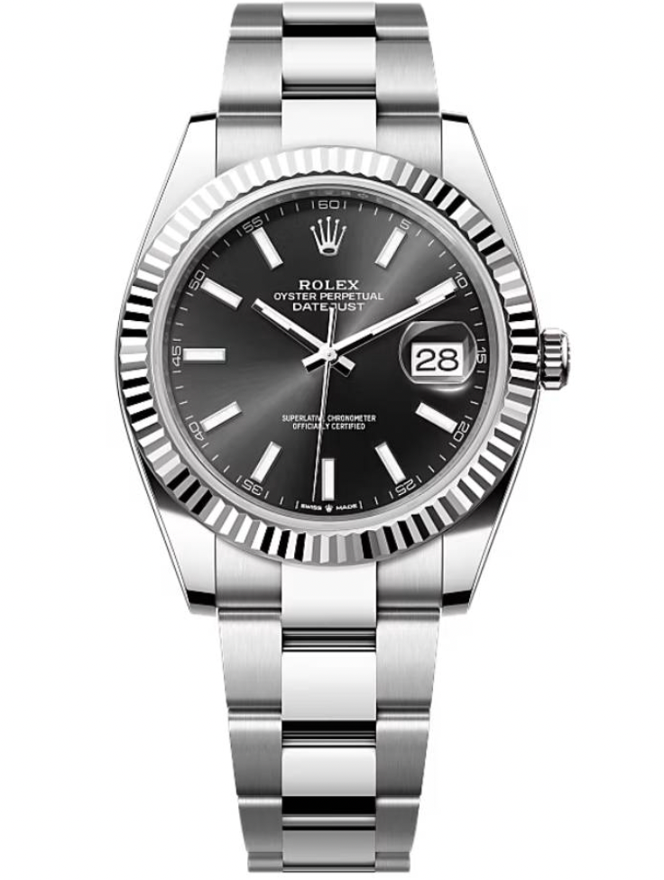 Rolex Steel and White Gold Rolesor Datejust 41 Watch - Fluted Bezel - Black Index Dial - Oyster Bracelet - 126334