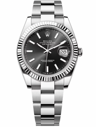 Rolex Steel and White Gold Rolesor Datejust 41 Watch - Fluted Bezel - Black Index Dial - Oyster Bracelet - 126334