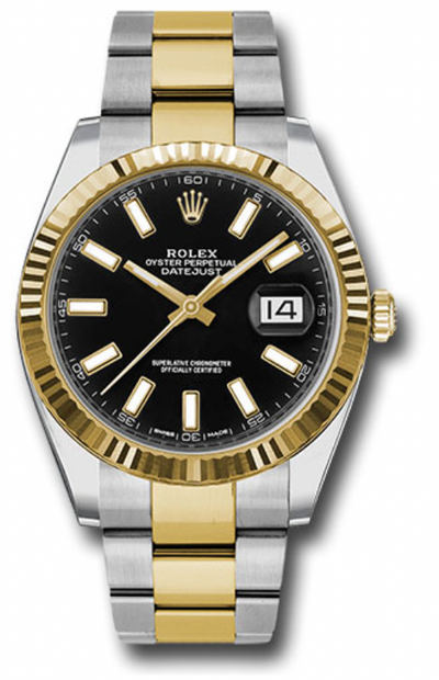 Rolex Yellow Rolesor Datejust 41 Watch - Fluted Bezel - Black Index Dial - Oyster Bracelet - 126333