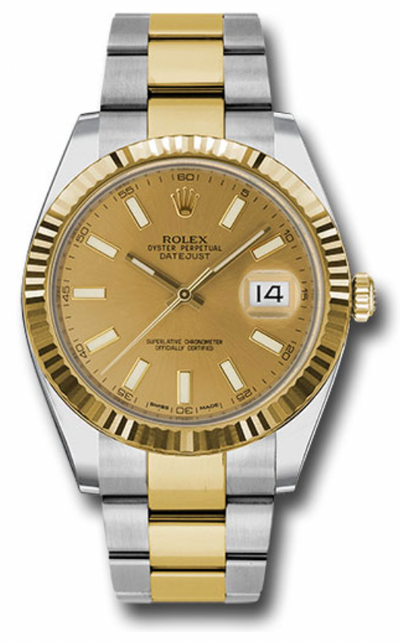 Rolex Yellow Rolesor Datejust 41 Watch - Fluted Bezel - Golden Index Dial - Oyster Bracelet - 126333
