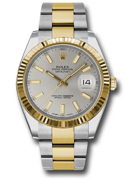 Rolex Yellow Rolesor Datejust 41 Watch - Fluted Bezel - Silver Index Dial - Oyster Bracelet - 126333
