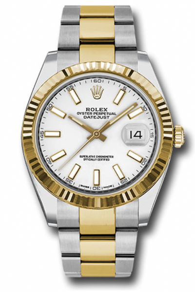 Rolex Yellow Rolesor Datejust 41 Watch - Fluted Bezel - White Index Dial - Oyster Bracelet - 126333