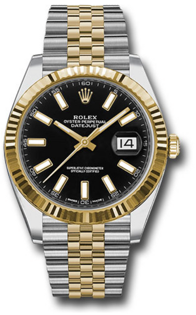Rolex Yellow Rolesor Datejust 41 Watch - Fluted Bezel - Black Index Dial - Jubilee Bracelet - 126333