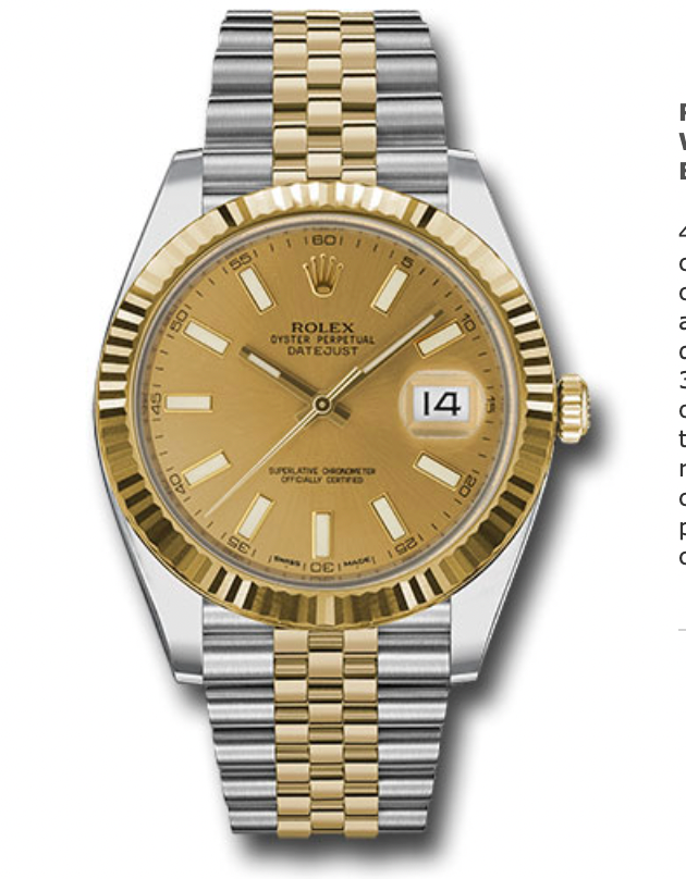 Rolex Yellow Rolesor Datejust 41 Watch - Fluted Bezel - Golden Index Dial - Jubilee Bracelet - 126333