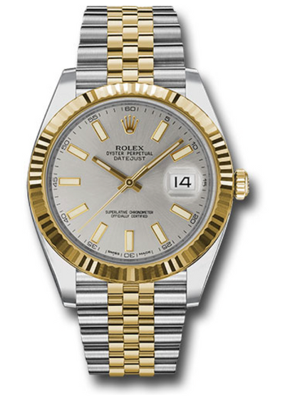 Rolex Yellow Rolesor Datejust 41 Watch - Fluted Bezel - Silver Index Dial - Jubilee Bracelet - 126333
