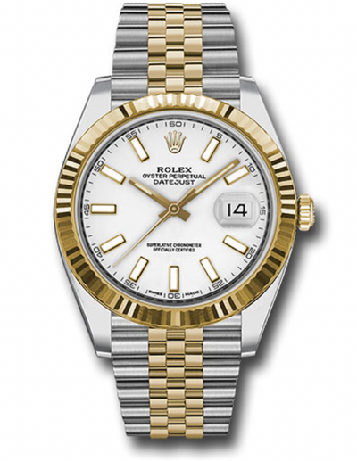 Rolex Yellow Rolesor Datejust 41 Watch - Fluted Bezel - White Index Dial - Jubilee Bracelet - 126333
